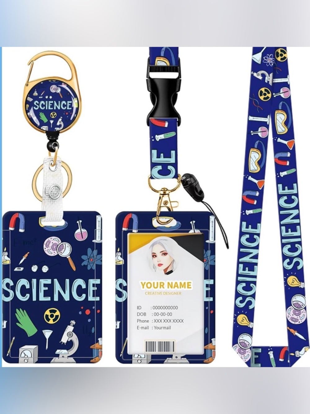 NWT Science Themed Blue ID Badge Lanyard with Retractable Reel